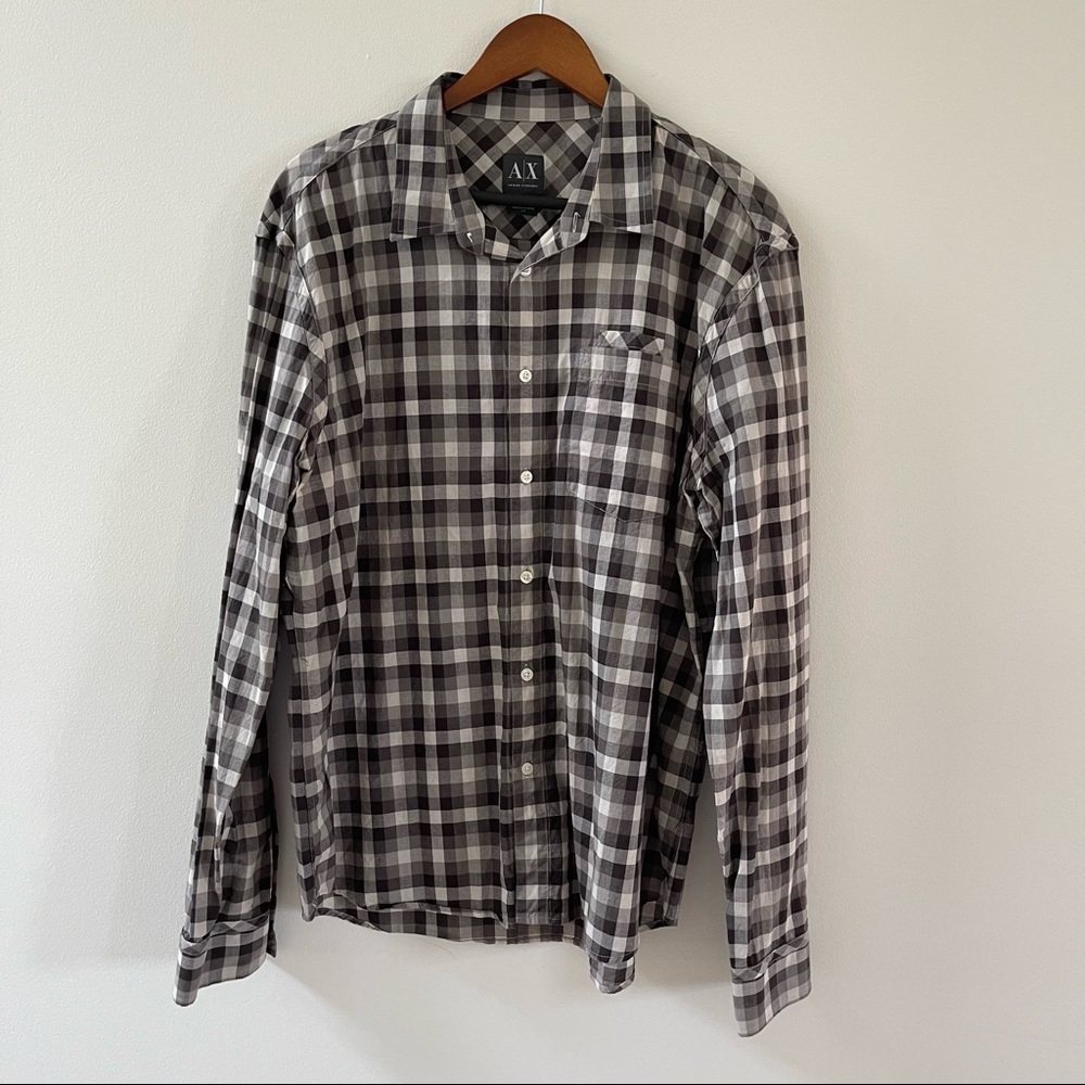 Armani Exchange Mens Gingham Check Button Down Shirt Black Grey White Large